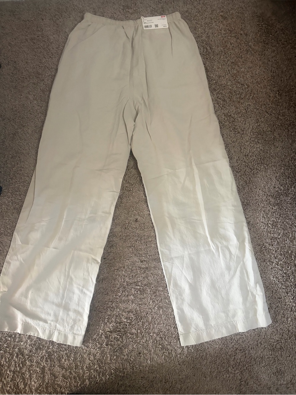 NWT UNIQLO Linen Blend Easy Pants Small Natural Beige Wide Leg Drawstring - Picture 5 of 8